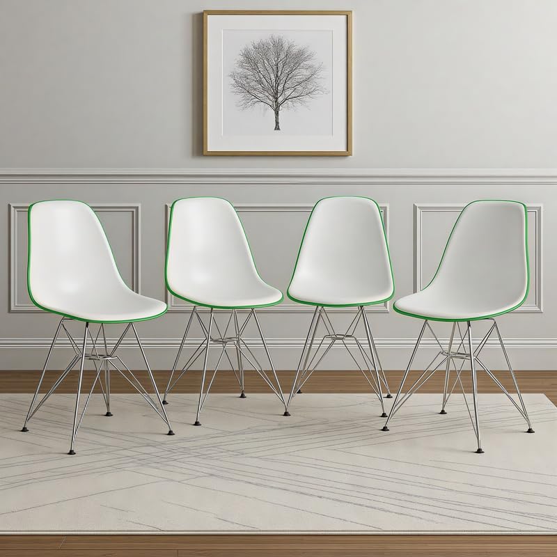 Dining, Modern Chrome Eiffel Base and Curved Back Design, Ergonomic and Lightweight Accent Side Chair for Mid-Century Home, Kitchen, and Café (White Green, Set of 4)