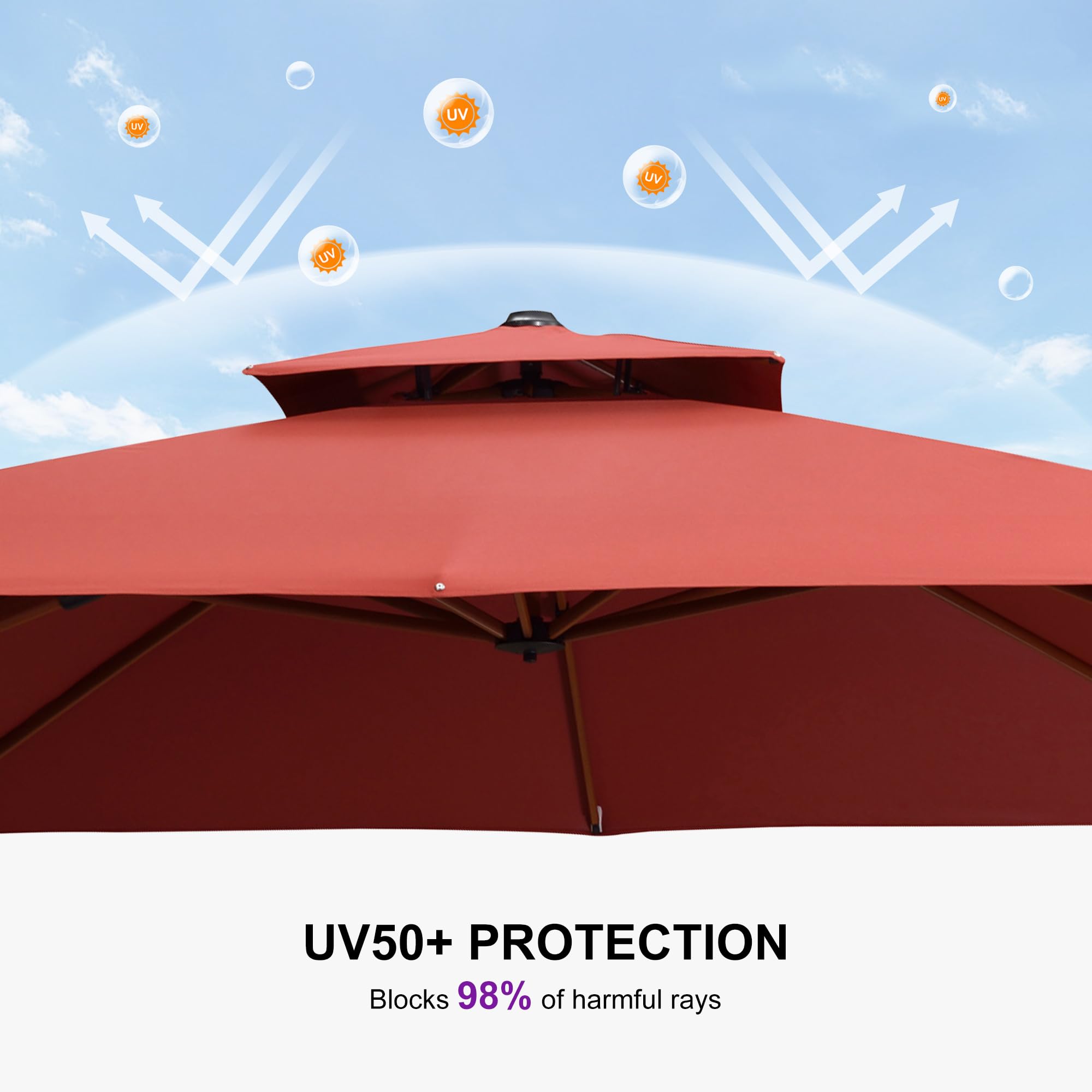 9' X 12' Double Top Deluxe Wood Pattern Rectangle Patio Umbrella Offset Hanging Umbrella Outdoor Market Umbrella Garden Umbrella, Brick Red