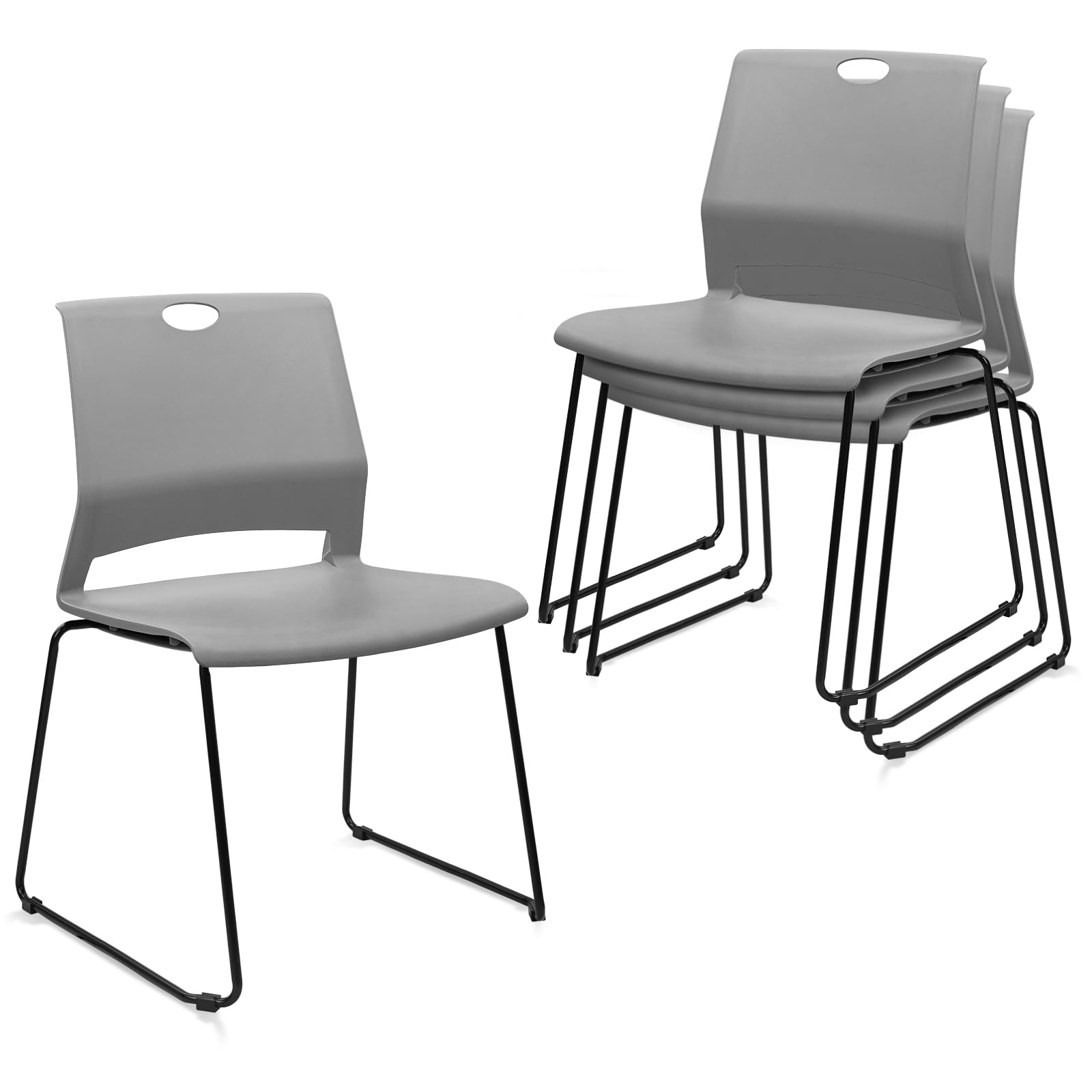 Set of 4, Gray, Stackable Guest Reception Chairs, Stacking Office Chair with Ergonomic Lumbar Support & Metal Legs, Plastic Desk Chairs for Conference School Church Waiting Meeting Break Room