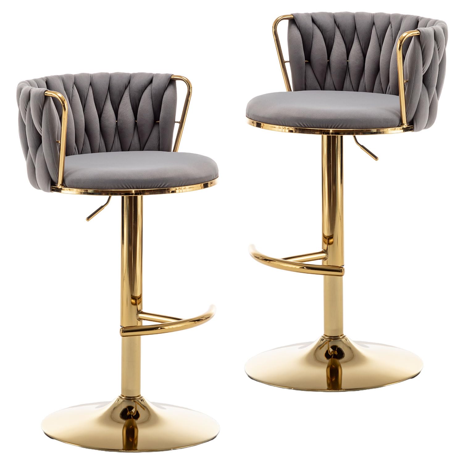 Gold Velvet Bar Stools Set of 2, Swivel Counter Height Bar Stools with Back, Adjustable Woven Barstools for Kitchen Island, Pub, Club (Grey)