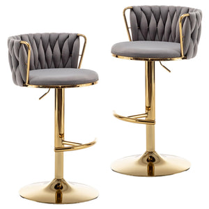 Gold Velvet Bar Stools Set of 2, Swivel Counter Height Bar Stools with Back, Adjustable Woven Barstools for Kitchen Island, Pub, Club (Grey)