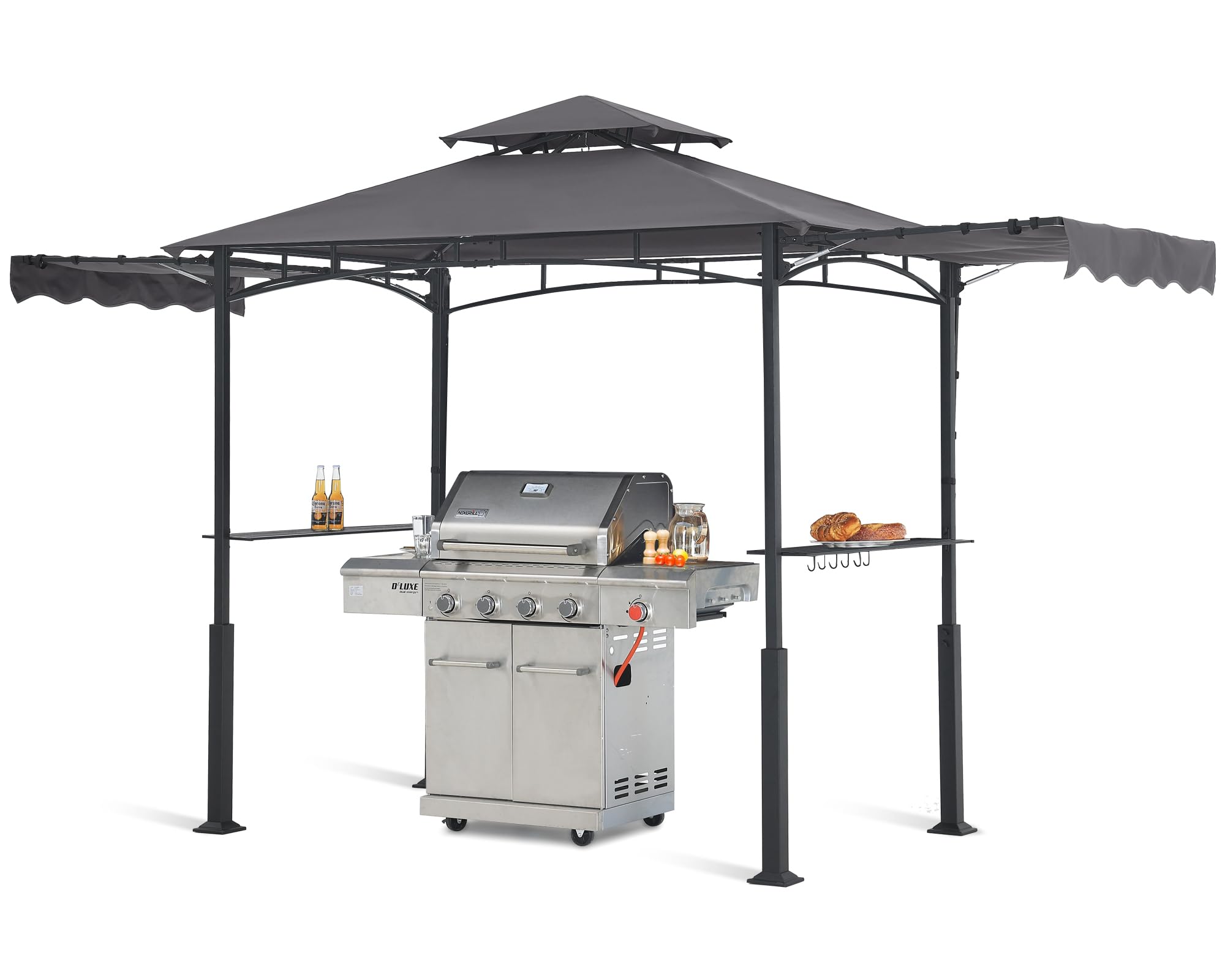 Grill Gazebo with 2 Side Awnings - 14x5 Outdoor BBQ Canopy Shelter with 2 Led Lights for Patio Backyard Grilling (Dark Gray)