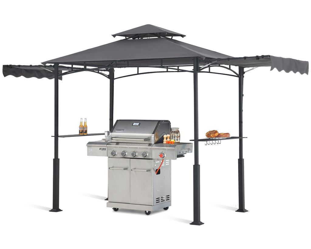 Grill Gazebo with 2 Side Awnings - 14x5 Outdoor BBQ Canopy Shelter with 2 Led Lights for Patio Backyard Grilling (Dark Gray)