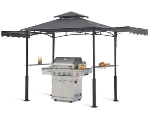 Grill Gazebo with 2 Side Awnings - 14x5 Outdoor BBQ Canopy Shelter with 2 Led Lights for Patio Backyard Grilling (Dark Gray)