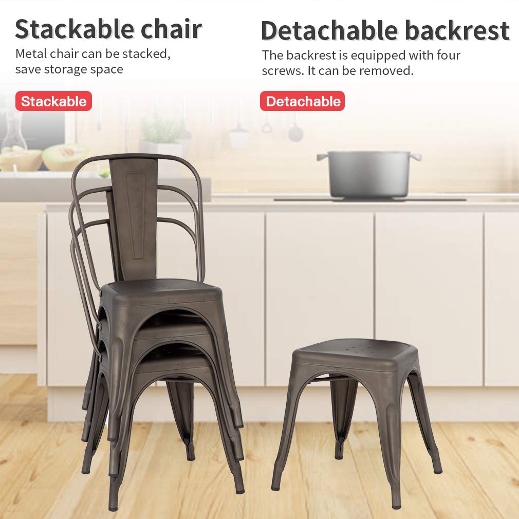 Set of 4 Metal Dining Chairs | Bronze | Stackable Tolix Side Chairs with Backrest | Scratch-Resistant | Non-Slip Feet | Indoor/Outdoor Use | 330 lbs Capacity | Ideal for Kitchen & Restaurant