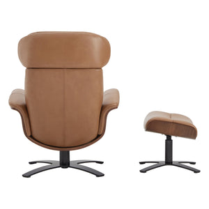 Genuine Leather Reclining Swivel Chair with Adjustable Headrest and Ottoman for Living Room, Saddle