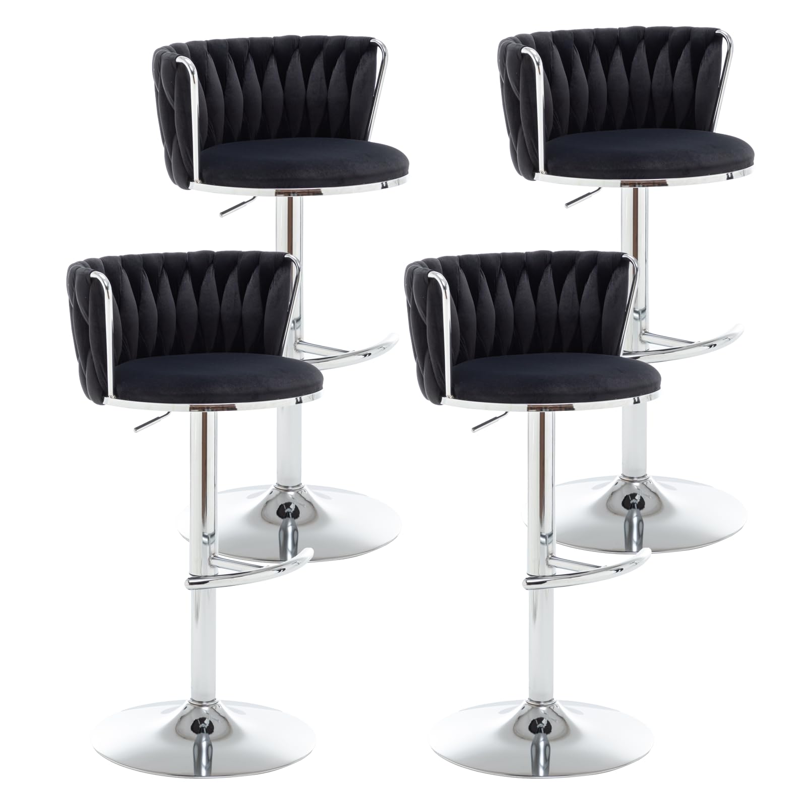 Velvet Bar Stools Set of 4, Swivel Counter Height Bar Stools with Back, Adjustable Woven Barstools for Kitchen Island, Pub, Club (Black)