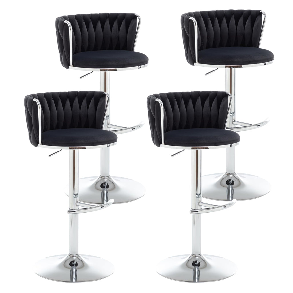 Velvet Bar Stools Set of 4, Swivel Counter Height Bar Stools with Back, Adjustable Woven Barstools for Kitchen Island, Pub, Club (Black)