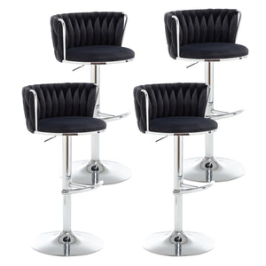 Velvet Bar Stools Set of 4, Swivel Counter Height Bar Stools with Back, Adjustable Woven Barstools for Kitchen Island, Pub, Club (Black)