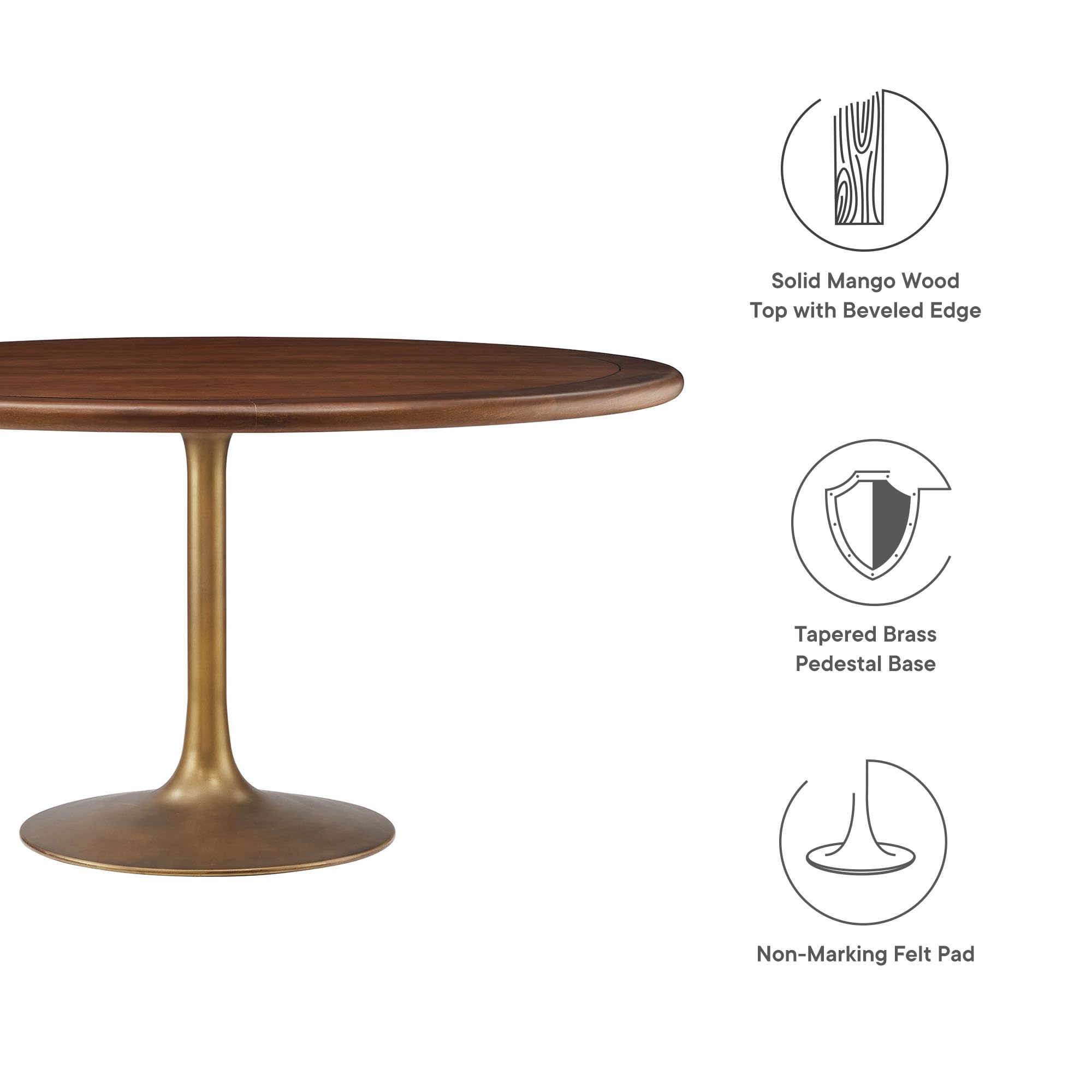 60 Inch Round Wood Dining Table with Metal Pedestal in Brass Walnut - Modern Industrial Dining Table for 6 People - Solid Wood Tulip Kitchen Table
