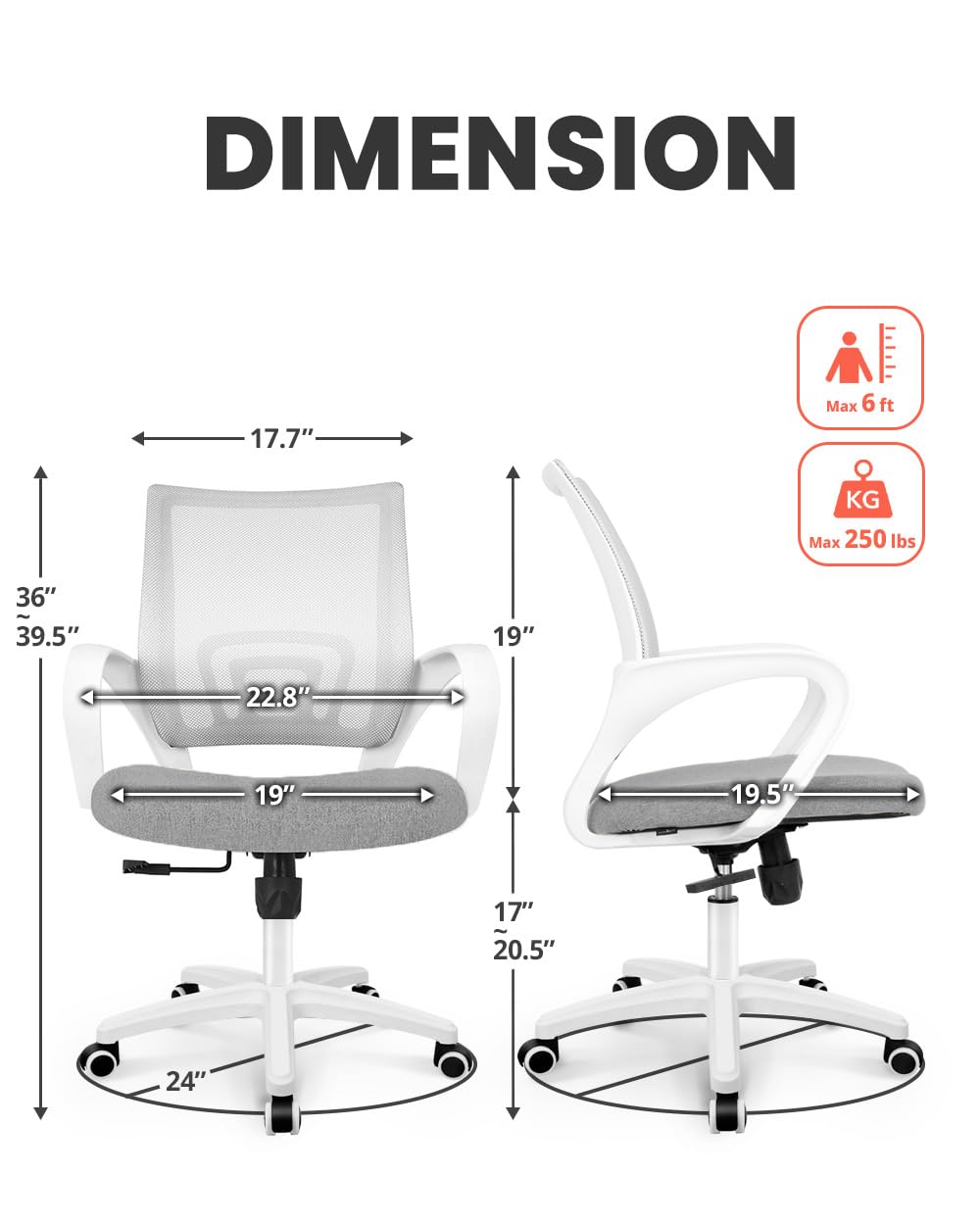 Office Desk Computer Chair Ergonomic Mesh Gaming Cushion Seat with Comfy Lumbar Mid Back Support Adjustable Height Swivel Rolling Wheels for Home Task (Grey)