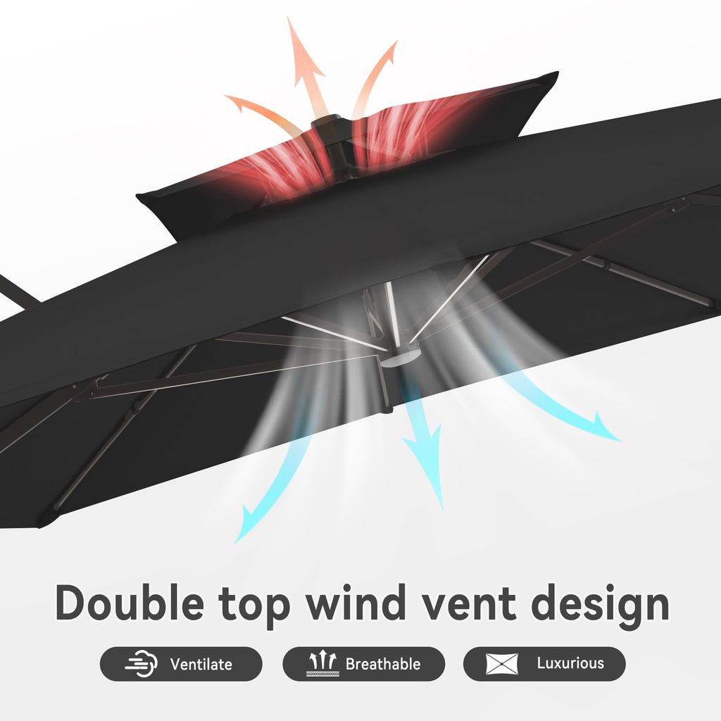10 X 13 FT Cantilever Outdoor Patio Umbrella with Base Included Large Heavy Duty 360° Rotation Double Top Offset Rectangular Umbrellas with Led Lights for Backyard Outside Deck, Black