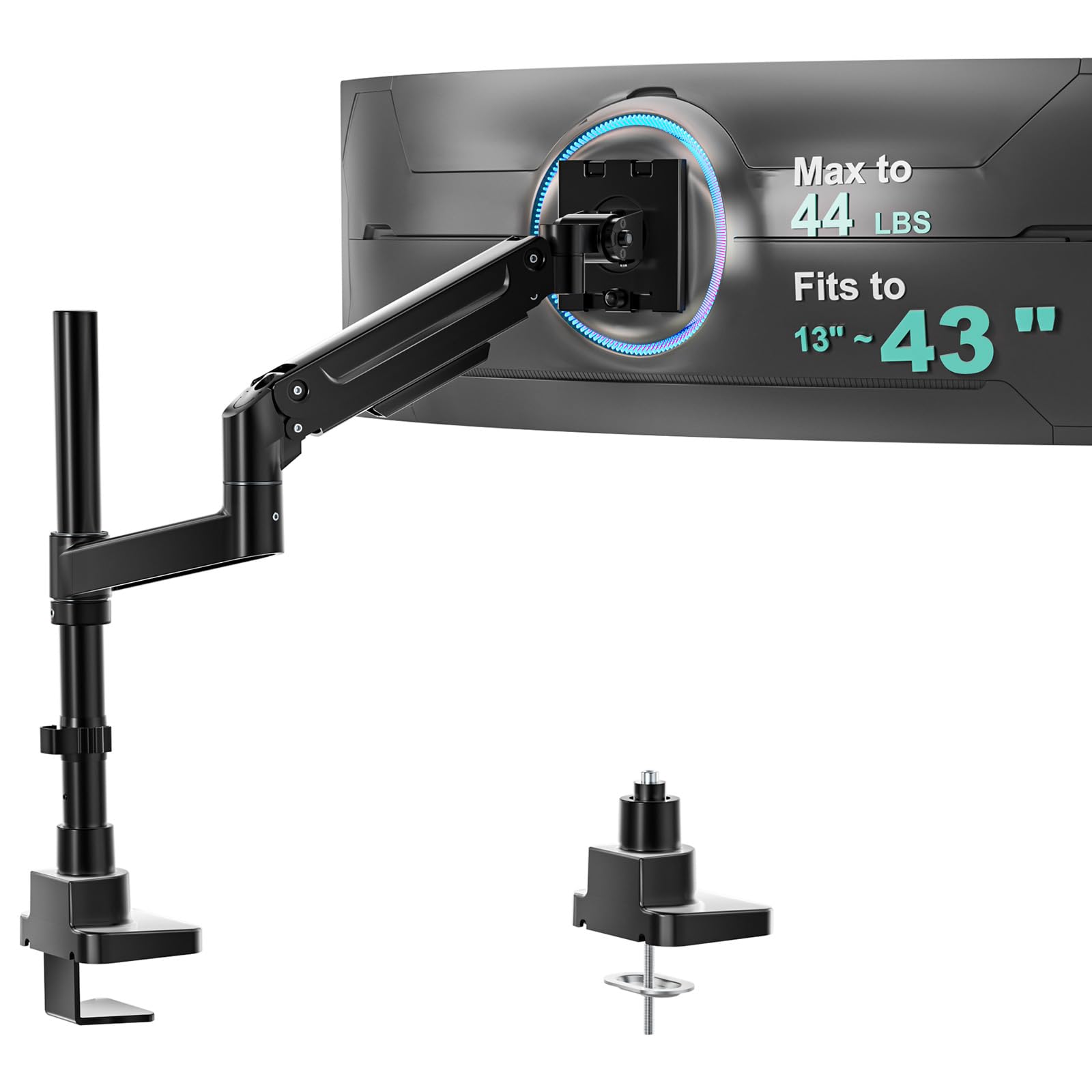 Heavy Duty Monitor Arm Desk Mount for 13-43 Inch Ultrawide Screens, Single Monitor Arm with Full Motion Tilt, Swivel, Rotation, Holds up to 44 lbs, C-Clamp Mount for VESA 75/100mm (GSDM001-P)