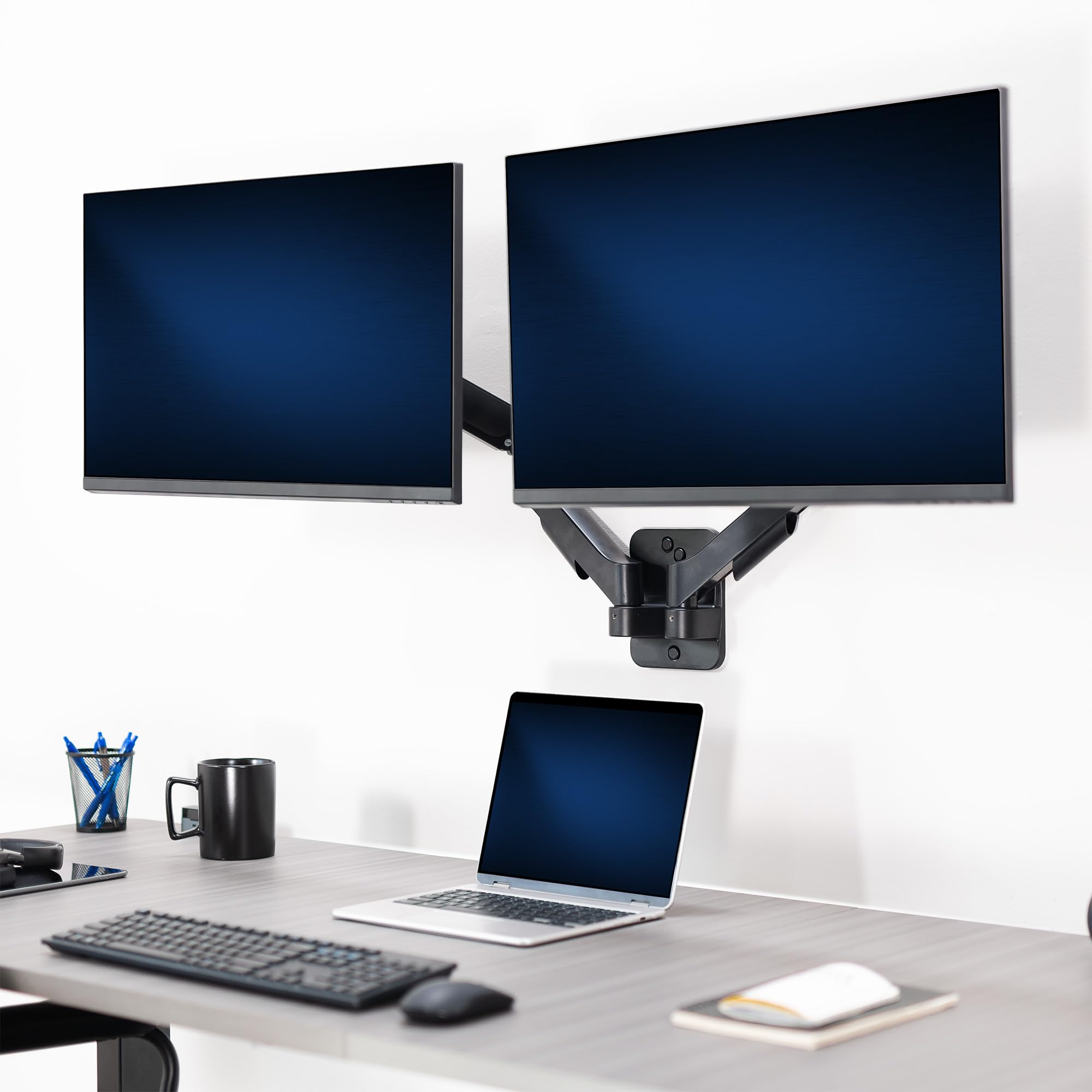 Height Adjustable Pneumatic Extended Arm Dual Monitor Wall Mount Full Motion Articulating, Fits 2 Screens 17 to 27 inches, Black, MOUNT-V002G
