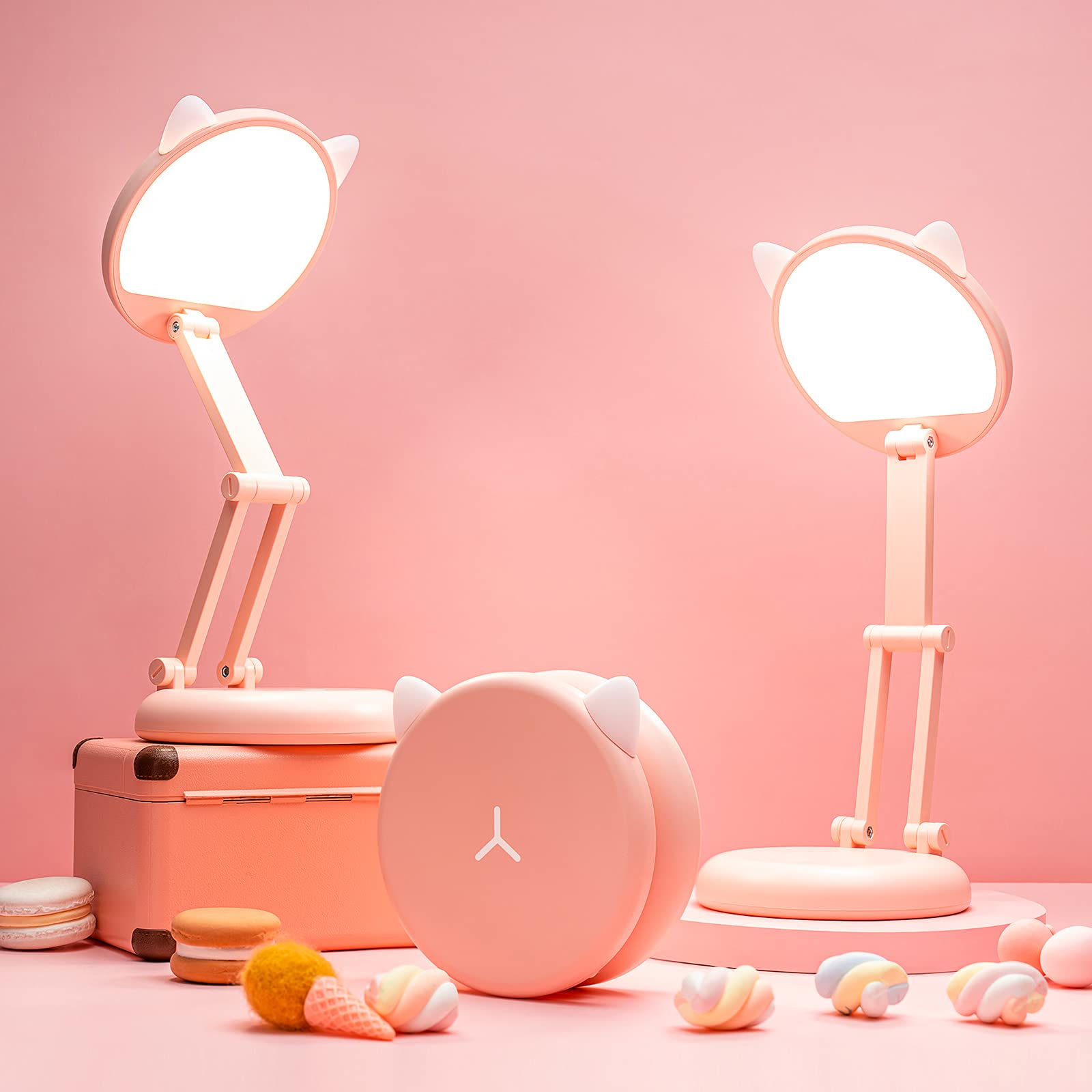 Cute Desk Lamp Pink Dorm Lamps for College Girls Foldable Portable Rechargeable Dimmable Cute Cat Lamp Kawaii Room Decor,College Dorm Decor for Girls Pink Classroom Essentials
