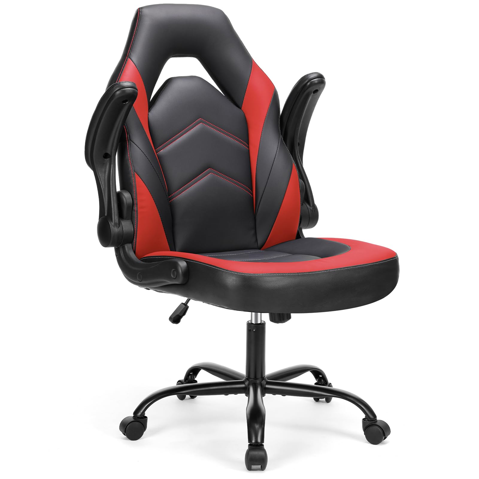 Computer Gaming Chair - PU Leather Ergonomic Lumbar Support with Flip-up Armrest and 360° Swivel Wheels, Height Adjustable Task Home Office Desk Video Racing, Red