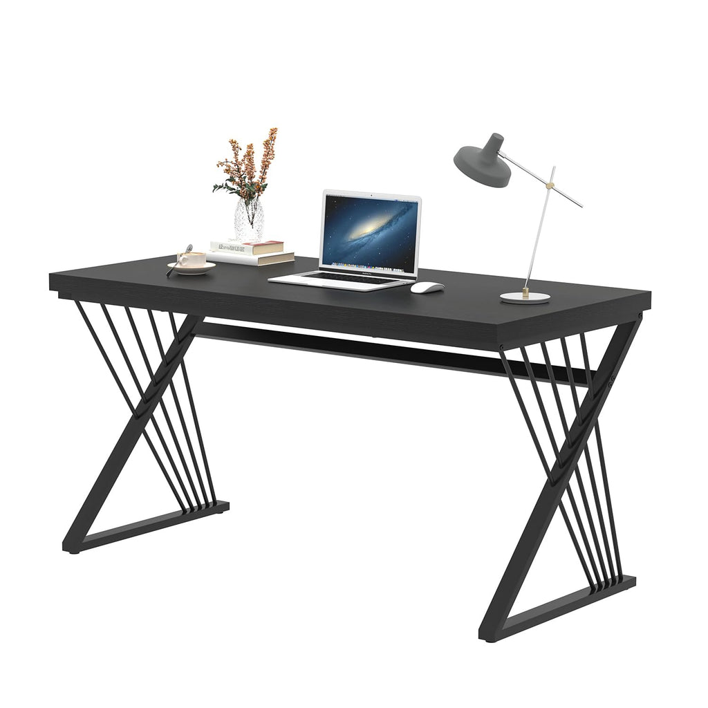 Black Desk, Modern Wood and Metal Computer Desk for Home Office, Simple Writing Work PC Desks for Bedroom, Industrial Study Gaming Table for Living Room, Black, 53 Inch
