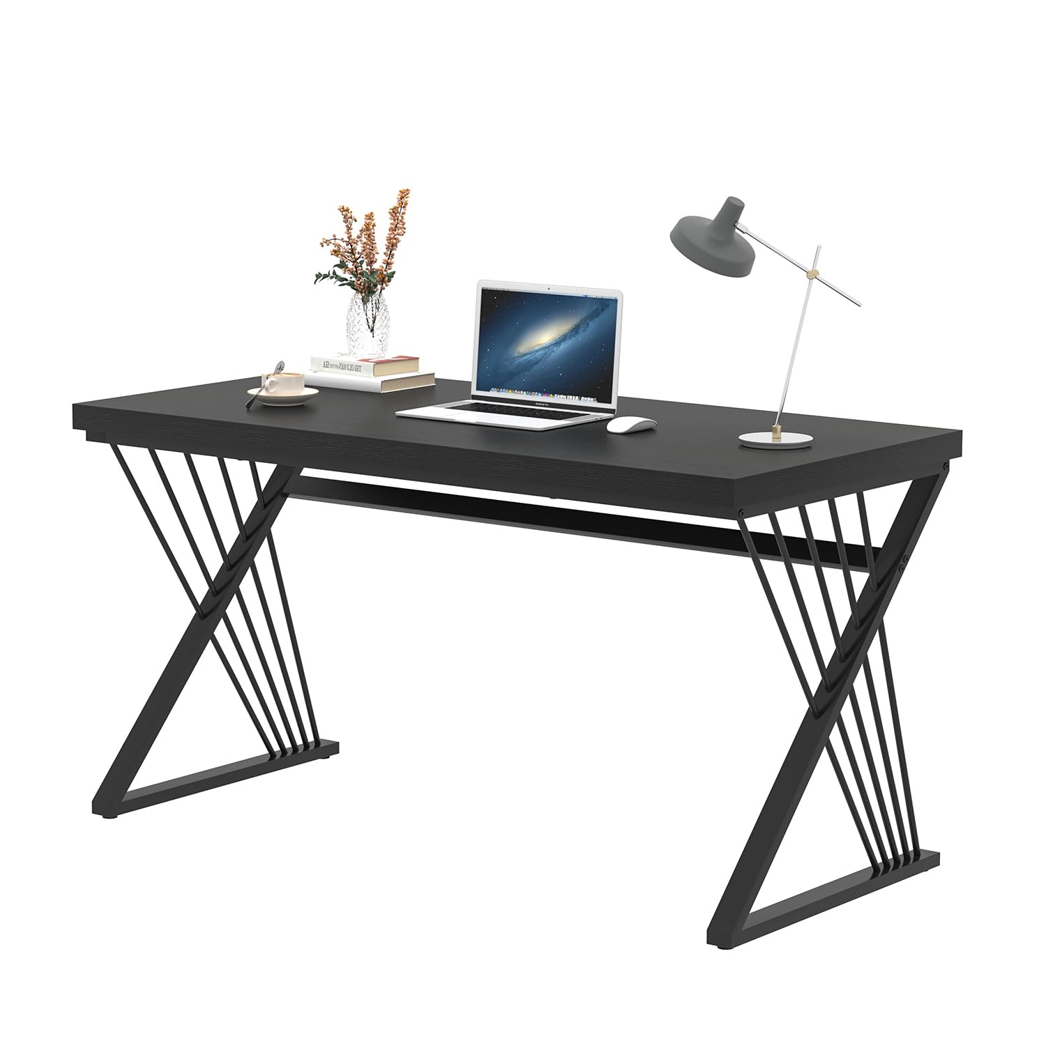 Black Desk, Modern Wood and Metal Computer Desk for Home Office, Simple Writing Work PC Desks for Bedroom, Industrial Study Gaming Table for Living Room, Black, 53 Inch