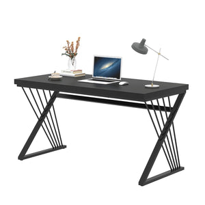 Black Desk, Modern Wood and Metal Computer Desk for Home Office, Simple Writing Work PC Desks for Bedroom, Industrial Study Gaming Table for Living Room, Black, 53 Inch