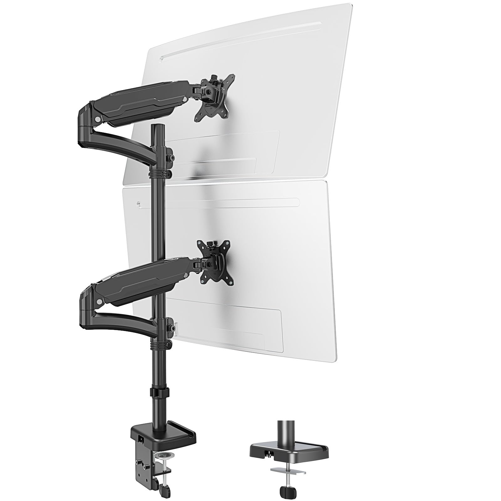 Vertical Dual Monitor Mount, Stacked Monitor Stand for 2 Computer Screens up to 32 inches, Full Motion Adjustable Tall Display Desk Mount, Each Arm Holds up to 17.6lbs, VESA Mount