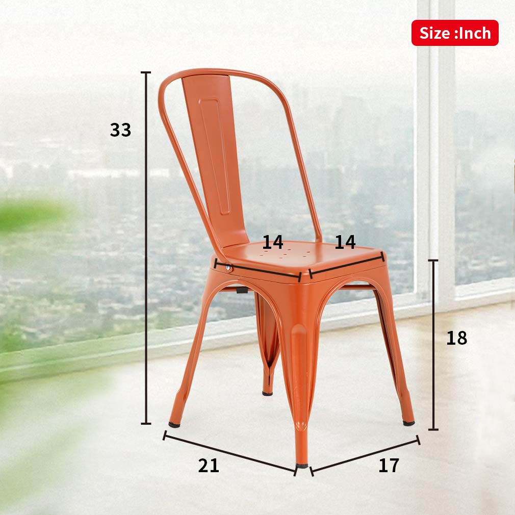Set of 4 Metal Dining Chairs | Orange | Stackable Tolix Side Chairs with Backrest | Scratch-Resistant | Non-Slip Feet | Indoor/Outdoor Use | 330 lbs Capacity | Ideal for Kitchen & Restaurant