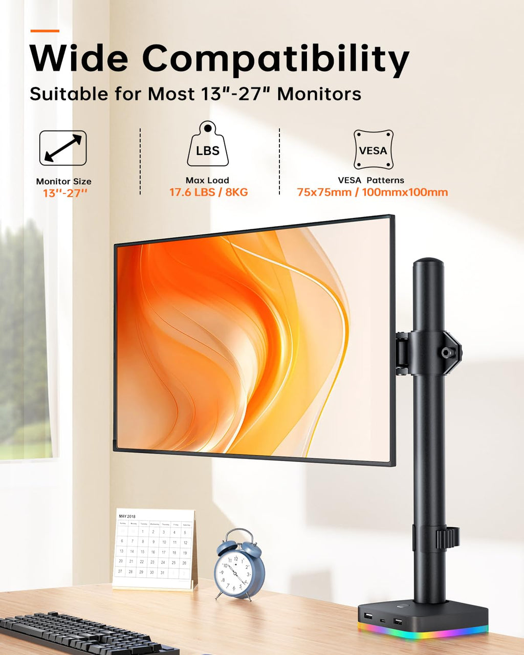 RGB Single Monitor Desk Mount, Monitor Arm with 3 USB Ports, Charging and USB Data Transfer Function, Desk Mount for 13"-27" Monitors up to 17.6lbs, Adjustable Height, Tilt, Swivel, Rotate