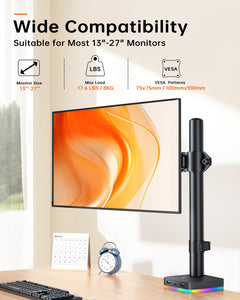 RGB Single Monitor Desk Mount, Monitor Arm with 3 USB Ports, Charging and USB Data Transfer Function, Desk Mount for 13