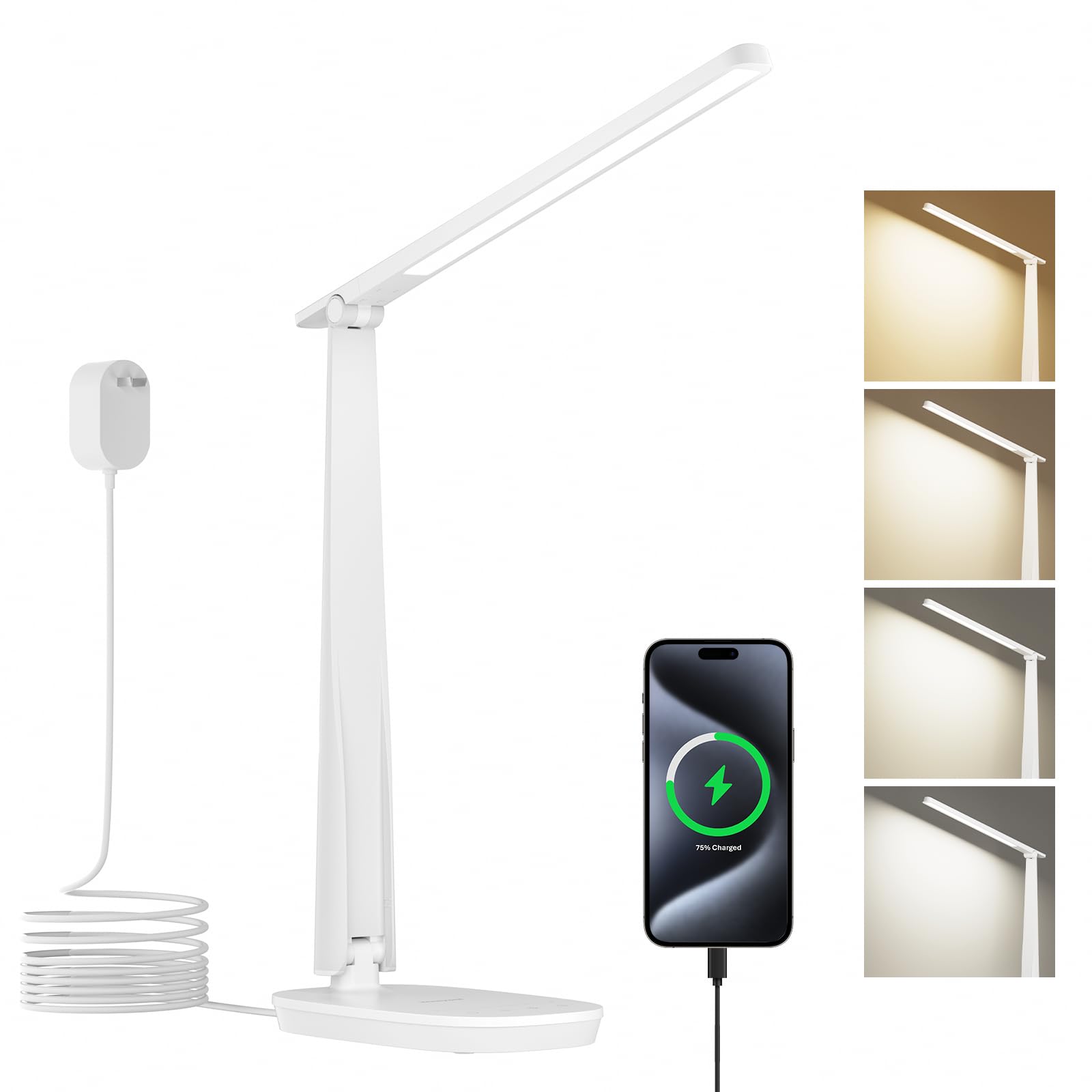 LED Desk Lamp for Home Office, Eye-Caring Light with 4 Color Modes & Touch Control, USB A+C Charging Ports, Adjustable Rotating Head with Timer for Reading, Bedroom & Small Desks
