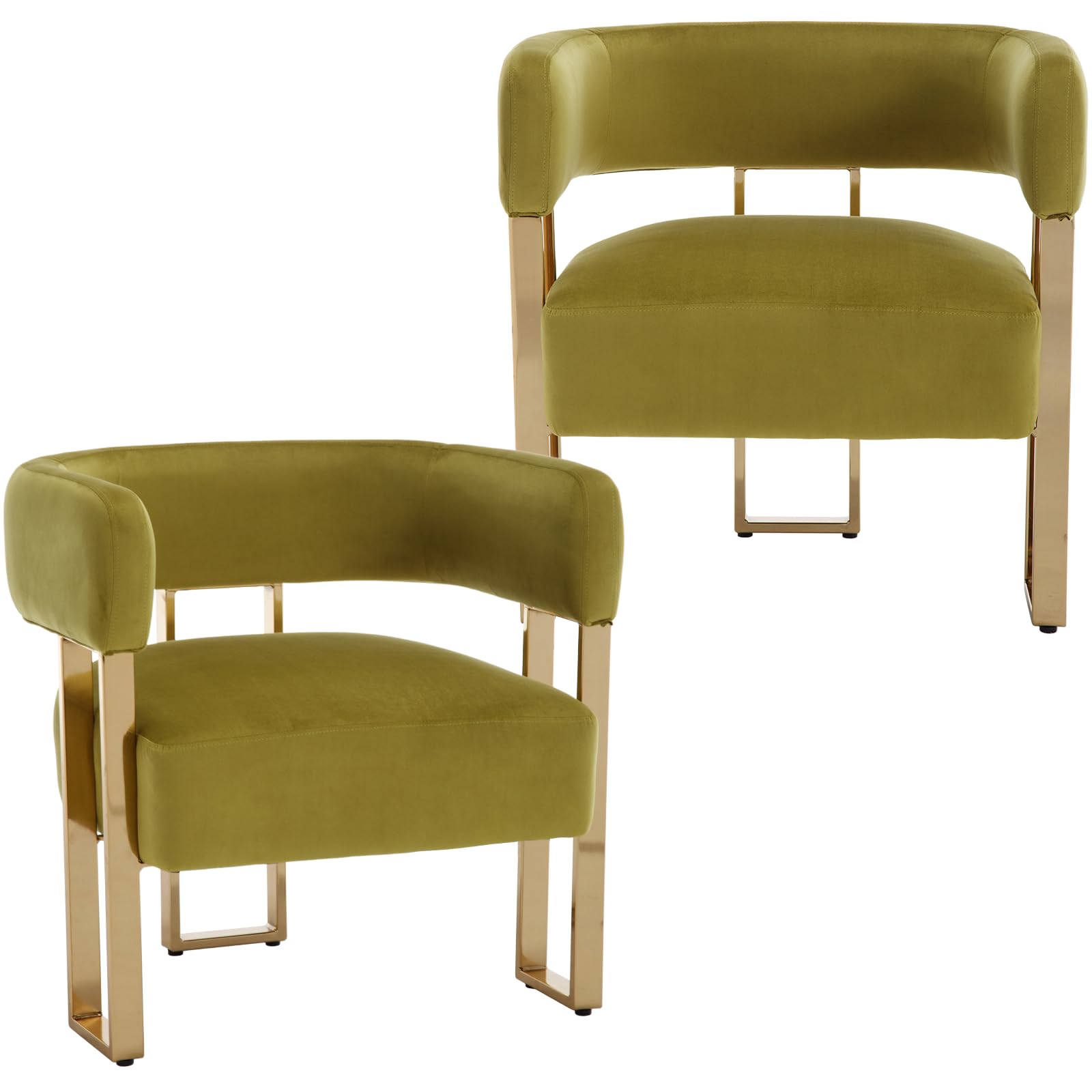 Modern Barrel Accent Chairs Set of 2, Velvet Living Room Chairs with Gold Metal Legs, Comfy Upholstered Single Sofa Armchair Side Chair for Lounge/Bedroom/Reading, Olive