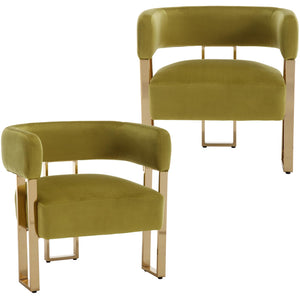 Modern Barrel Accent Chairs Set of 2, Velvet Living Room Chairs with Gold Metal Legs, Comfy Upholstered Single Sofa Armchair Side Chair for Lounge/Bedroom/Reading, Olive