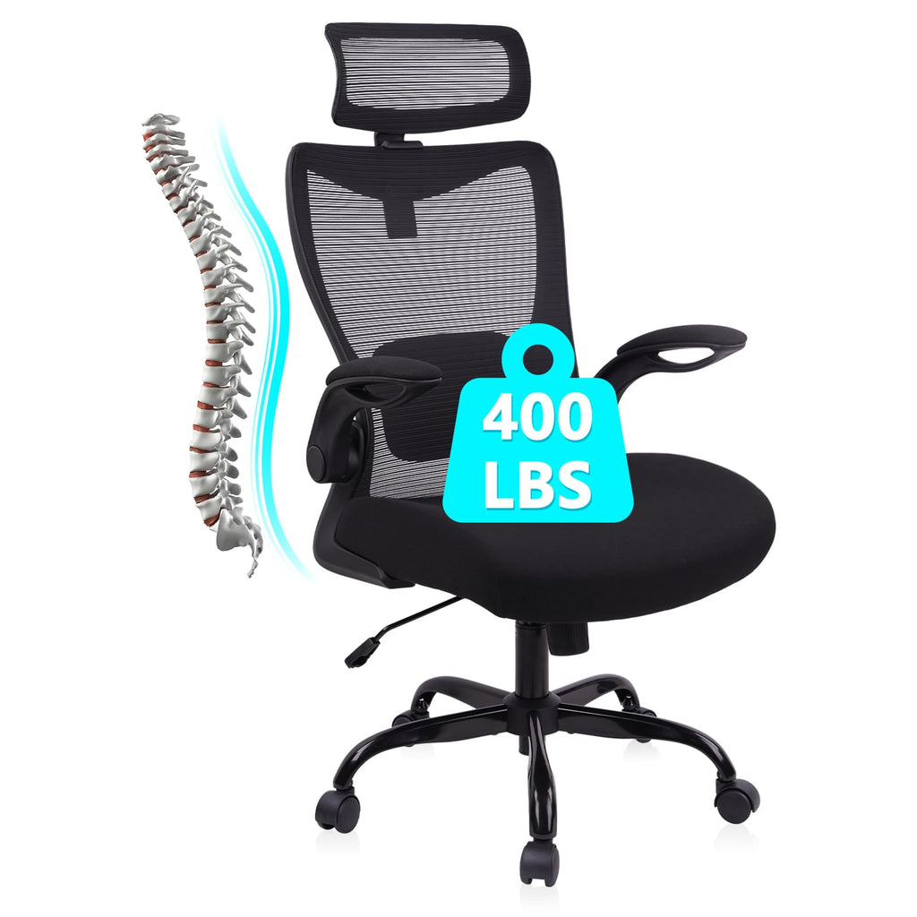 Heavy Duty Ergonomic Mesh Office Chair 400LBS, Big and Tall Desk Chair with Adjustable Lumbar Support & Headrest, Flip Up Padded Arms, Swivel Computer Chair for Home, Study, Conference, Black