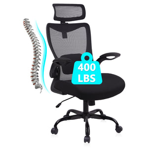 Heavy Duty Ergonomic Mesh Office Chair 400LBS, Big and Tall Desk Chair with Adjustable Lumbar Support & Headrest, Flip Up Padded Arms, Swivel Computer Chair for Home, Study, Conference, Black