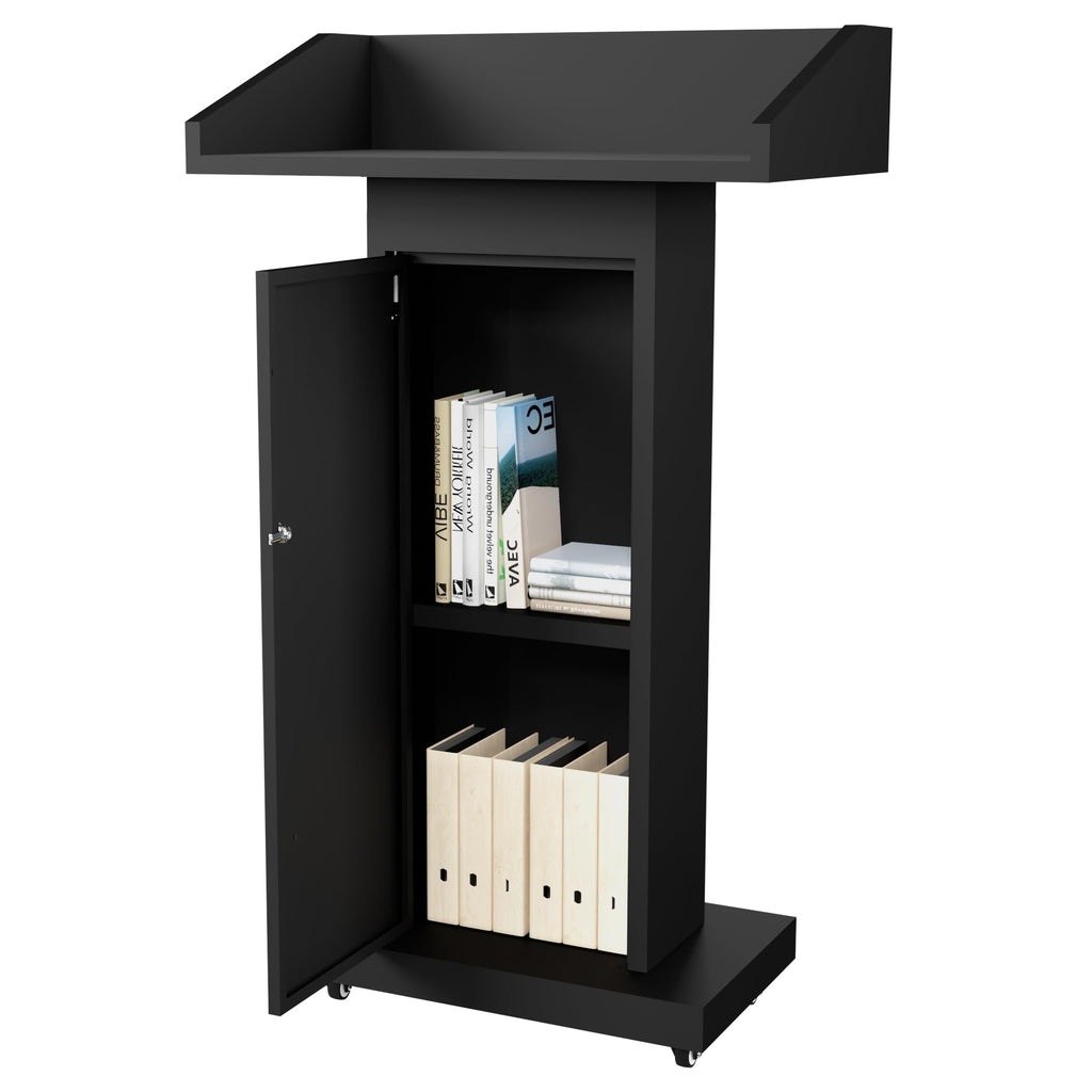 Podium Stand with Wheels for Lectern Presentation, Heavy-Duty Metal Pulpits for Offices, Classrooms, Conferences and Churches, Scratch-Resistant Surface, Hidden 2-Tier Storage, 46.5”H Black