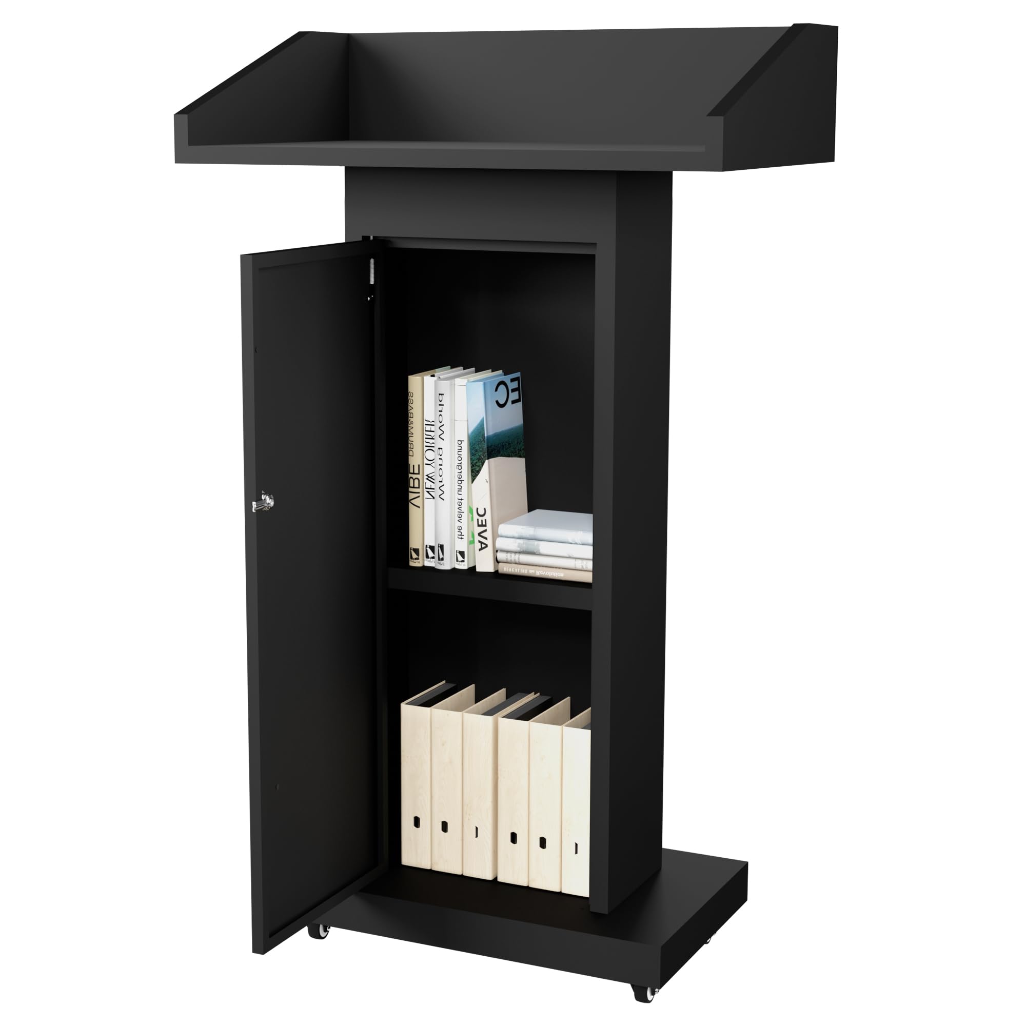 Podium Stand with Wheels for Lectern Presentation, Heavy-Duty Metal Pulpits for Offices, Classrooms, Conferences and Churches, Scratch-Resistant Surface, Hidden 2-Tier Storage, 46.5”H Black