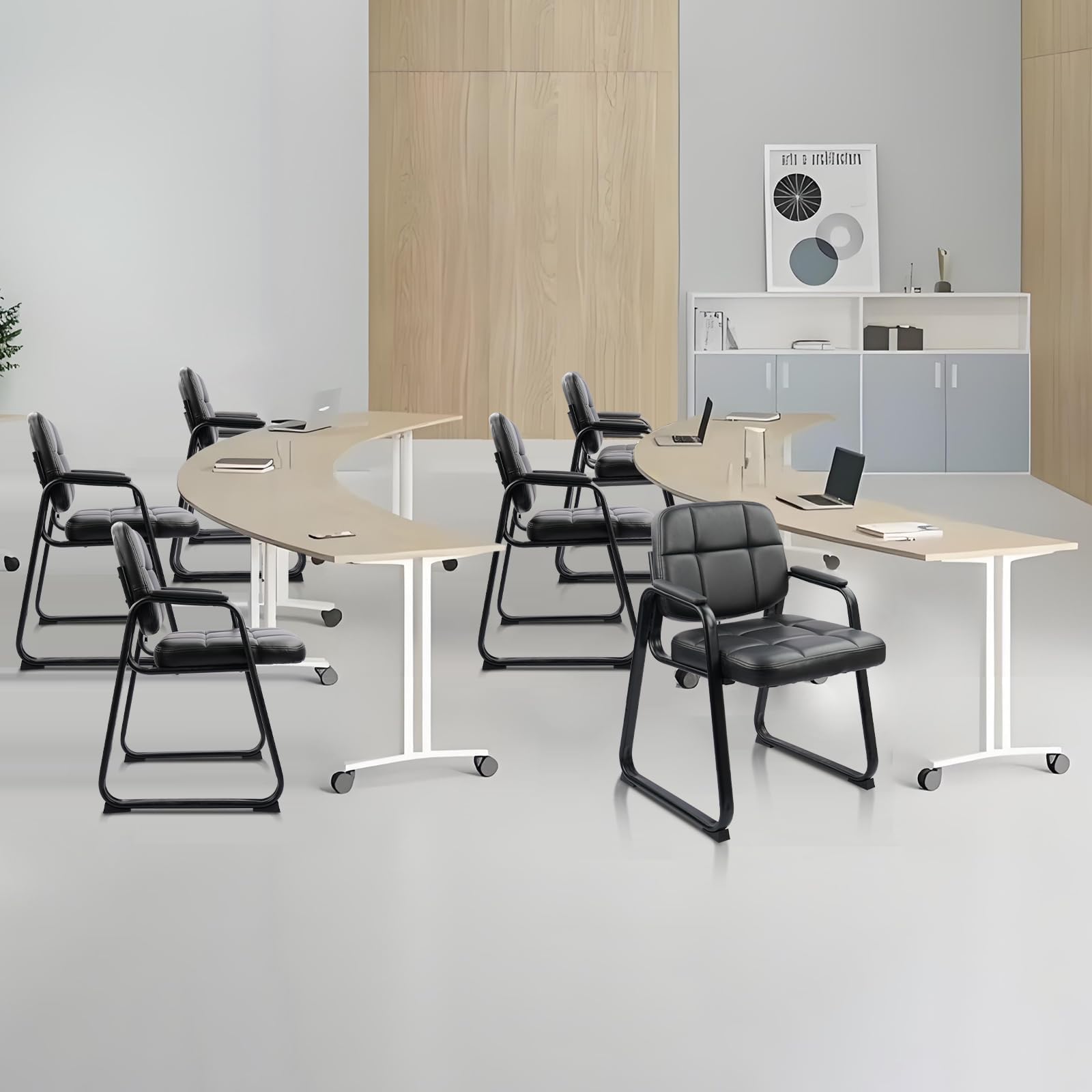 6 Pack, Waiting Room Guest Chair with Bonded Leather Padded Arm Rest for Office Reception and Conference Desk Black with Sled Base