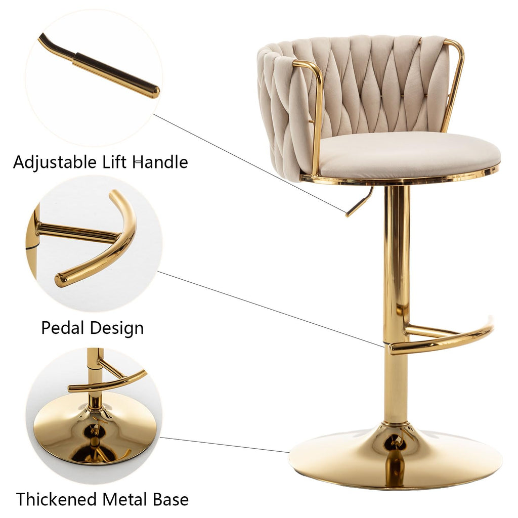 Gold Velvet Bar Stools Set of 2, Swivel Counter Height Bar Stools with Back, Adjustable Woven Barstools for Kitchen Island, Pub, Club (Beige)