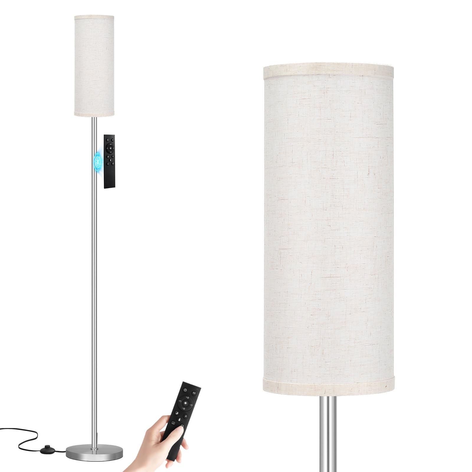64'' Floor Lamps for Living Room with Remote Control and Stepless Dimmable Colors Temperature & Brightness, 9W Bulb Included(Beige Lampshade & Silver Pole)
