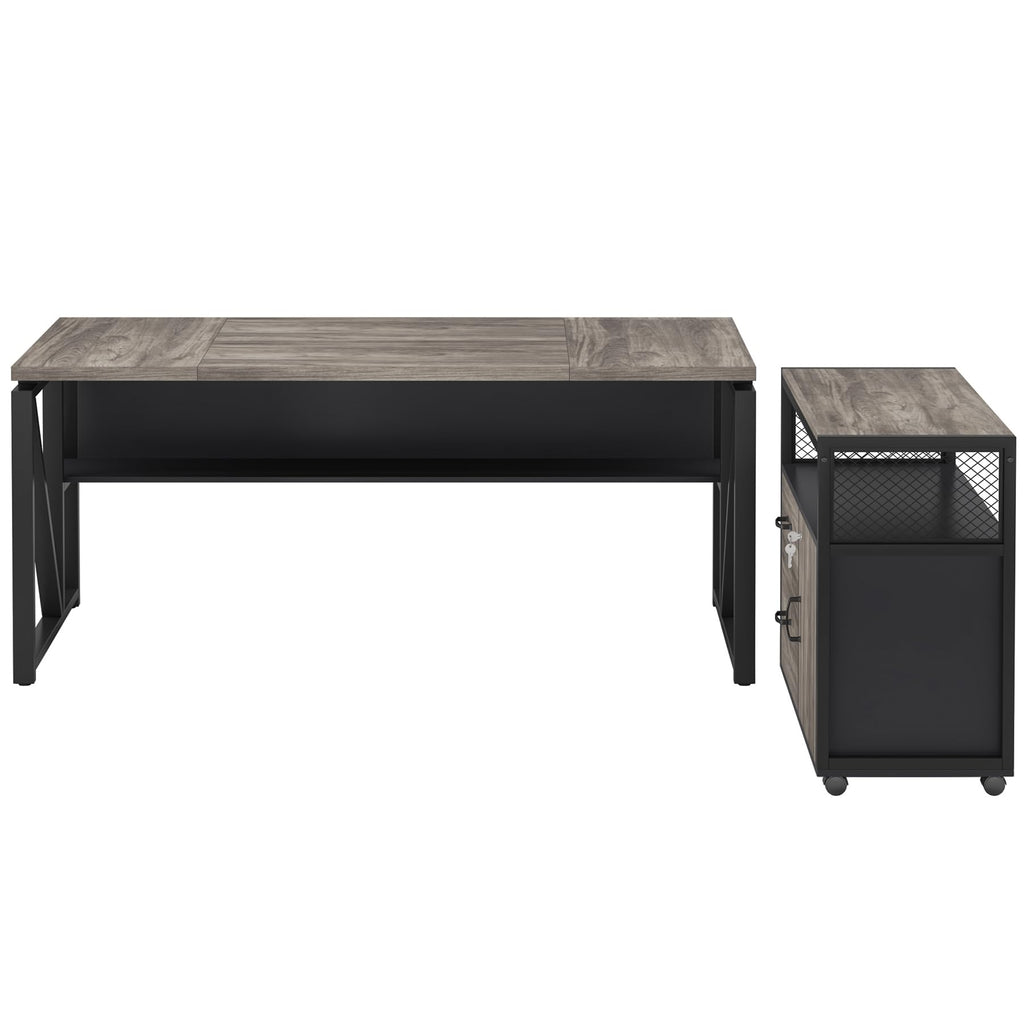 63" Executive Desk with Reversible File Cabinet, Large L-Shaped Office Desk with Drawers, Business Furniture Workstation for Home Office (Dark Oak, 63-inch)