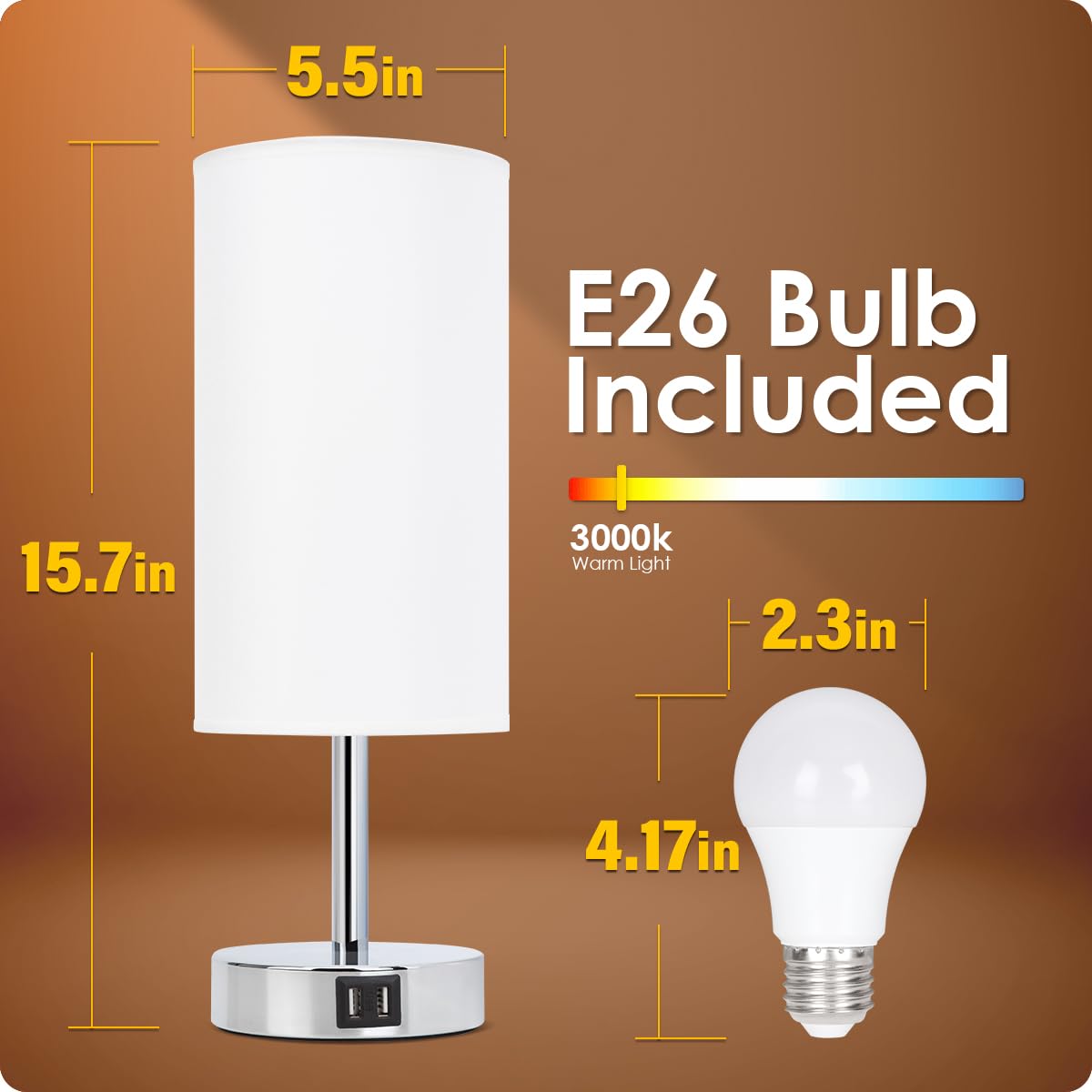 Bedside Lamp with USB Port - Touch Control Table Lamp for Bedroom 3 Way Dimmable Nightstand Lamp with Round White Fabric Shade for Living Room, Dorm, Home Office (LED Bulb Included)
