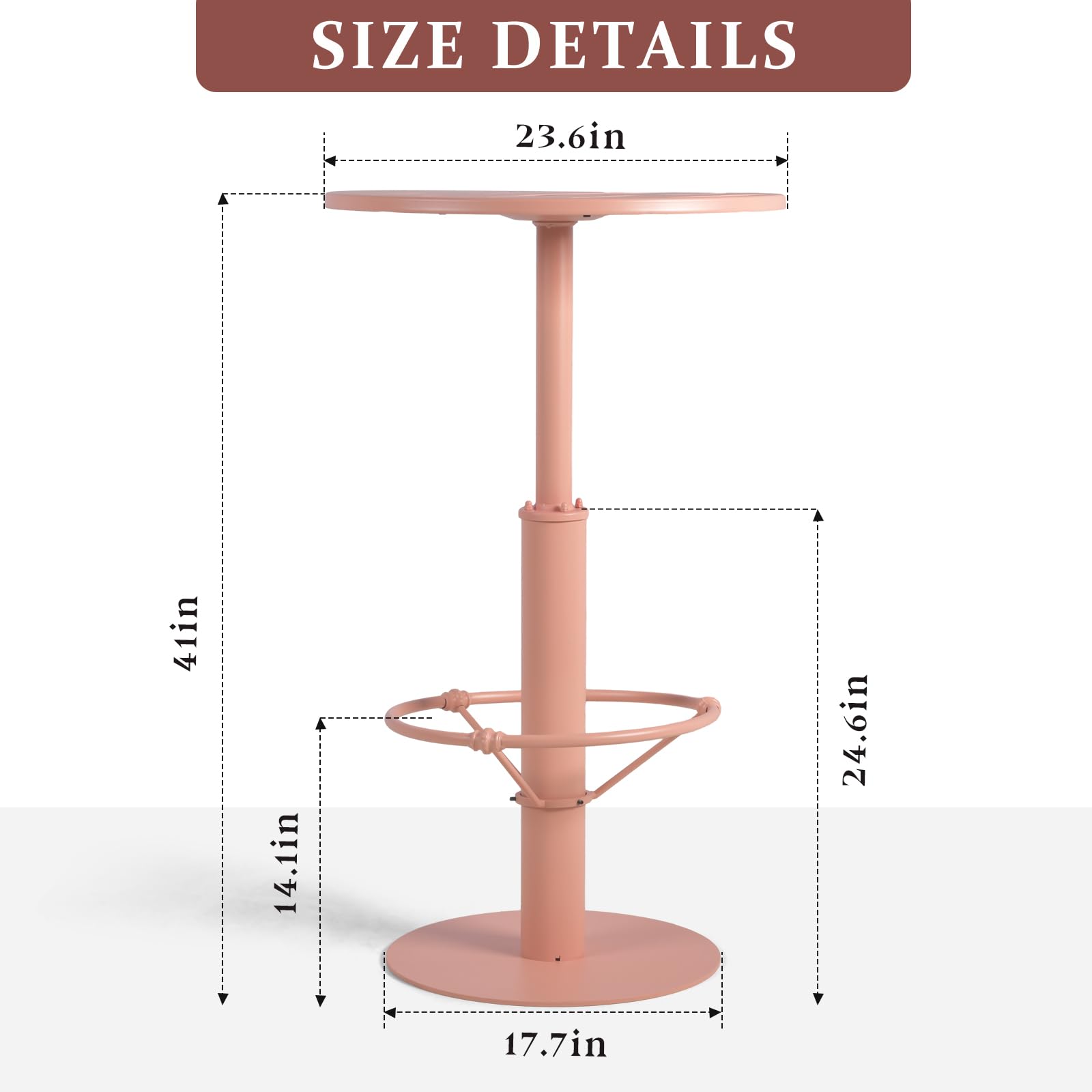 42" Tall Modern Industrial Bar Table-23.6" Dia Round Metal Top Standing Pub Cocktail Bistro Table-Indoor Outdoor Patio-Commercial Grade, Heavy Duty (Peach-Pink)