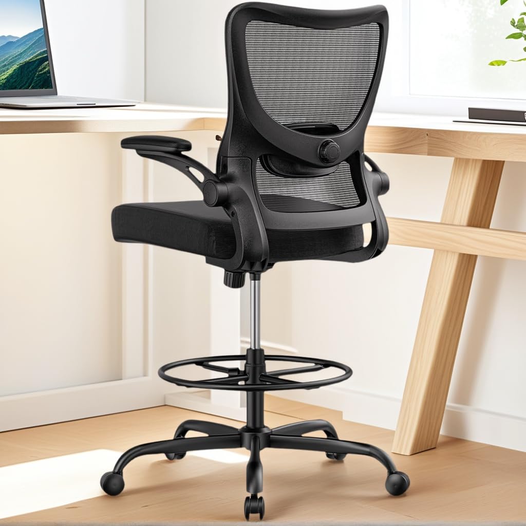 Drafting Chair, Tall Office Chair with 2D Lumbar Support, Standing Desk Chair,High Office Chair with Padded Flip-Up Armrests & Adjustable Footrest Ring, Ebony