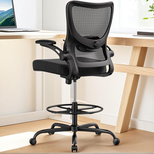 Drafting Chair, Tall Office Chair with 2D Lumbar Support, Standing Desk Chair,High Office Chair with Padded Flip-Up Armrests & Adjustable Footrest Ring, Ebony
