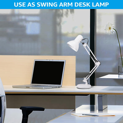 Metal Desk Lamp with Clamp, Swing Arm, Architect Adjustable Gooseneck Table Lamp, Clip Desk Lights for Home Office, Work, Study, Reading, E26 Base, Multi-Joint, White