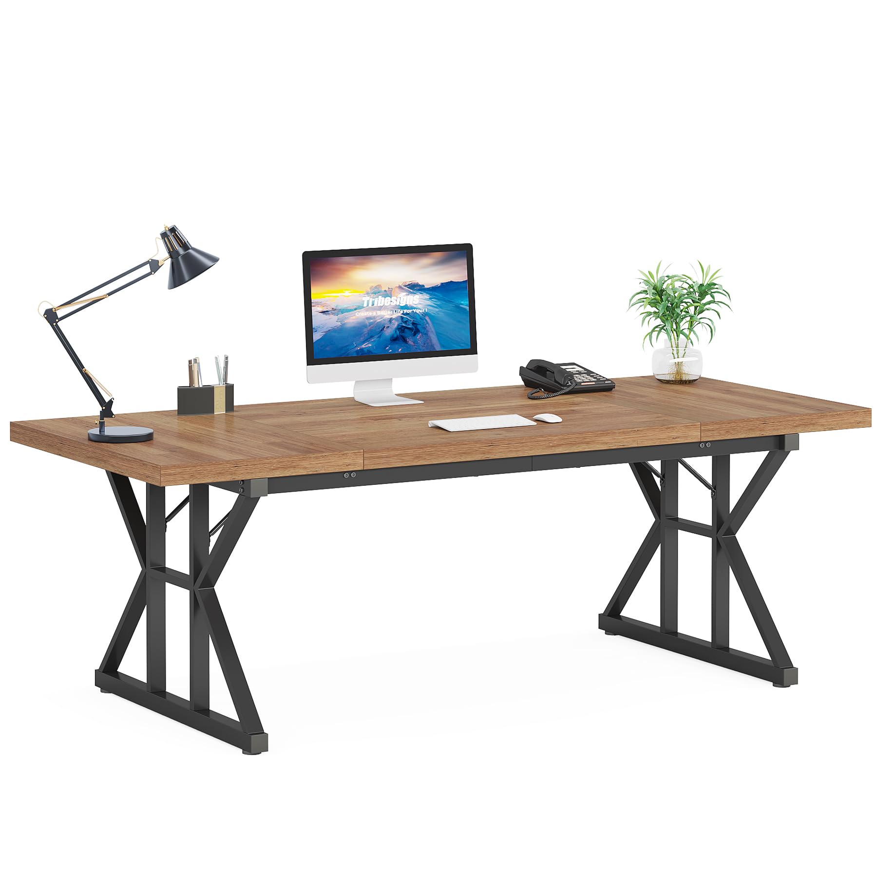 70.8-Inch Executive Desk, Large Computer Office Desk Workstation, Modern Simple Style Laptop Desk Study Writing Table Business Furniture for Home Office (Light Brown, 70.8 Inch)