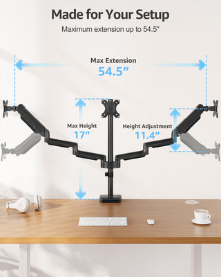 Triple Monitor Stand Mount - 3 Monitors Desk Mount for Computer Screens Up to 27 inch, Triple Monitor Arm, Heavy Duty Monitors Stand, Each Arm Holds 4.4-19.8 lbs, Black
