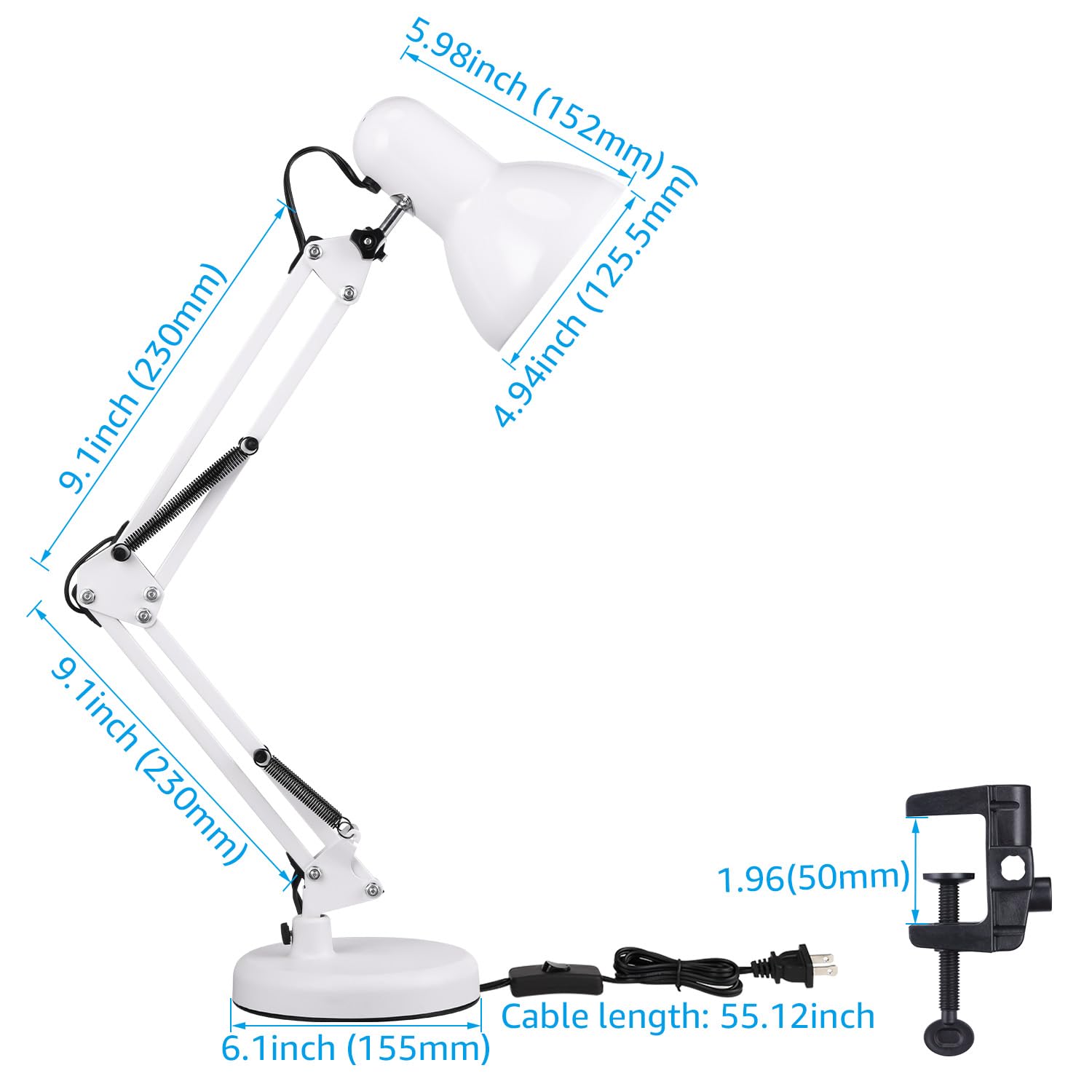 Metal Desk Lamp with Clamp, Swing Arm, Architect Adjustable Gooseneck Table Lamp, Clip Desk Lights for Home Office, Work, Study, Reading, E26 Base, Multi-Joint, White