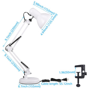 Metal Desk Lamp with Clamp, Swing Arm, Architect Adjustable Gooseneck Table Lamp, Clip Desk Lights for Home Office, Work, Study, Reading, E26 Base, Multi-Joint, White