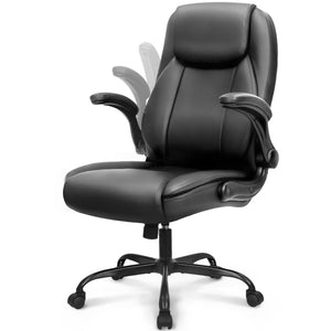 Ergonomic Office Chair Executive Computer Desk Chair Gaming High Back Support Comfy Seat Flip-up Arms Adjustable Height Swivel Rolling Wheels PU Leather for Home (Dark Black)