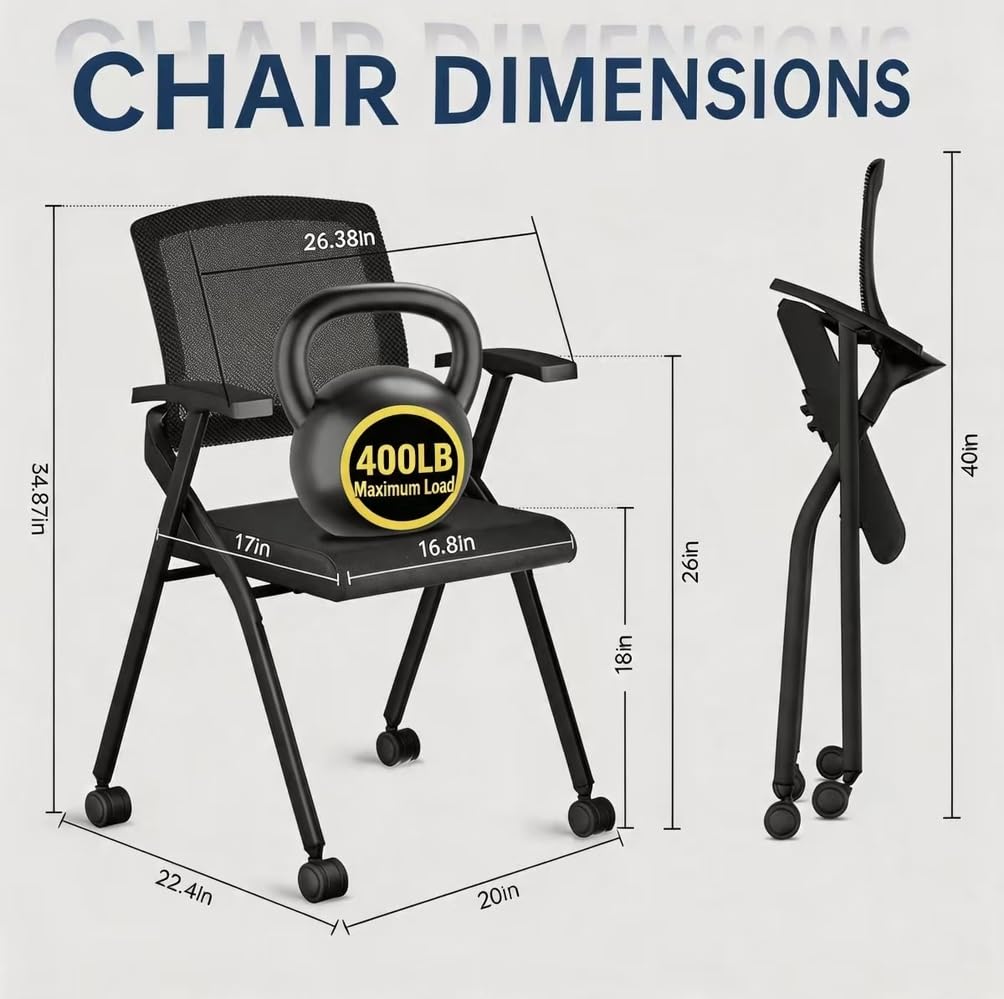 50 Pcs,Folding Office Chair with Wheels - Mobile Mesh Back Conference Room Chair with Padded Seat, Foldable & Stackable for Meeting Room, Training, Seminar,Classroom School & Office - Black