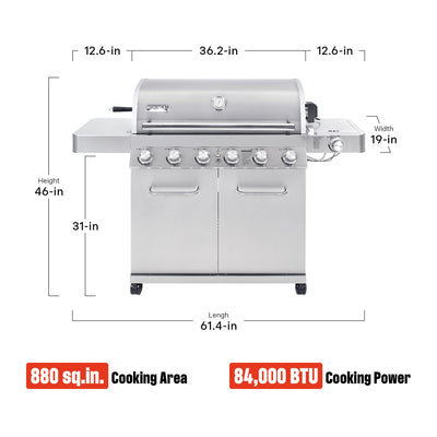 6+1 Burner Stainless Steel Cabinet Style Propane Gas Grill with Knob Controls, Side Burner, Built-In Thermometer, and Rotisserie Kit
